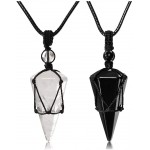 Couple Pendant Necklaces Black Obsidian Clear Quartz Crystal Dowsing Pendulums Divination Healing Necklaces Cord Adjustable Natural Gemstone Hexagonal Pointed Cone Reiki Chakra Pendant Gift