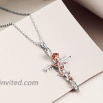 Cross Necklace Sterling Silver Rose Gold Plated Religious Cross Pendant Necklace with Rose Flower Jewelry Gifts Cross Necklace with Rose 18 Rose gold cross 18 chain