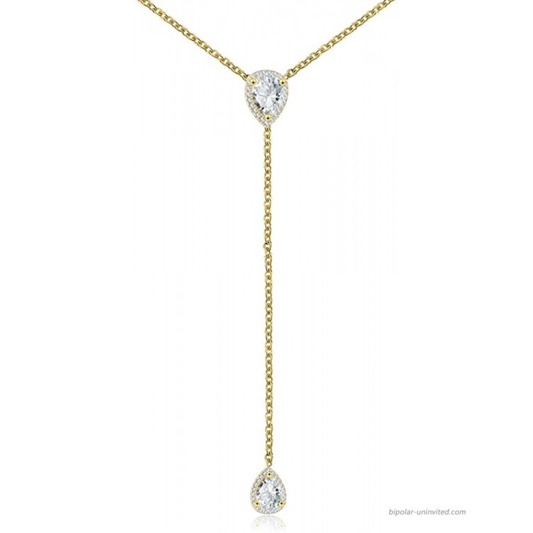 CZ Pear Drop Lariat Necklace 16 with 2.75 Y Drop Adjustable 14K Yellow Gold Finish
