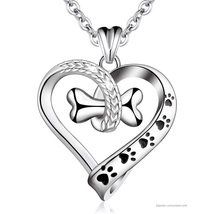 EUDORA 925 Sterling Silver Necklace Cute Dog Paws with Bone Heart Shape Pendant 18 Gift for Dog Owner