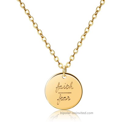 Faith Over Fear Inspirational Disc Necklace 18K Gold Plated Dainty Personalized Quote Motivation Charm Engraved Necklace Minimalist Disk Pendant Necklace Jewelry Gift for Women Girls Daughter 18inch