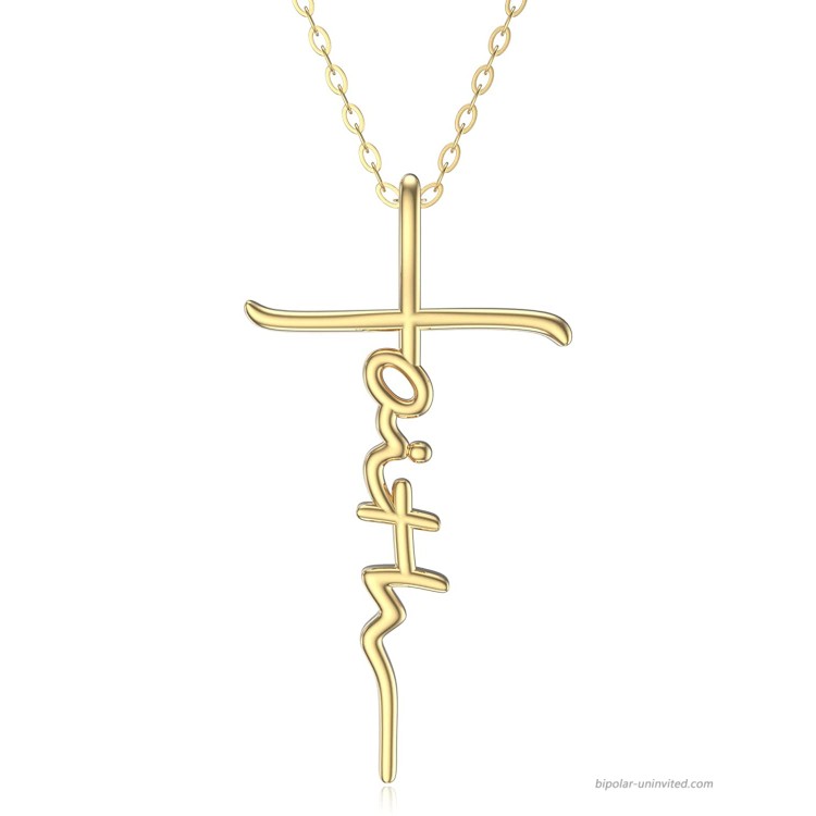 FENCCI Real Gold 14K Faith Pendant Necklace Cross Jewelry for Women Birthday Gifts 16''+1''+1'' Faith Necklace