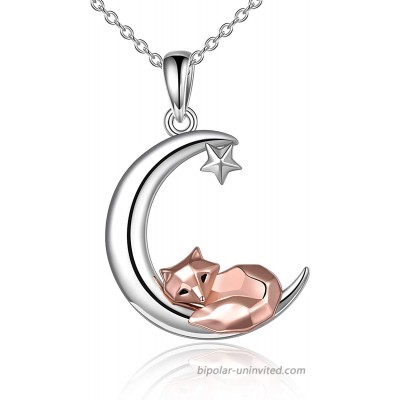 Fox Pendant Necklace Sterling Silver Origami Fox Moon Pendant Cute Fox Jewelry Gifts for Women Mom Wife