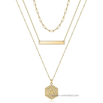 Gold Layered Initial Necklaces for Women Handmade 14K Gold Plated Cute Bar Necklace Layering Bead Chain Hexagon Letter Initial Necklace Layered Necklaces for Women Gold Jewelry Gifts A
