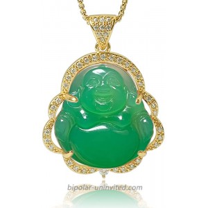Good Luck Laughing Buddha Pendant Luxury Green Jade Smile Buddha Statue Cubic Zirconia Necklace with 18K Gold Plated Chain Bodhisattva Amulet Jewelry Gift For Birthday Anniversary Mother's Day