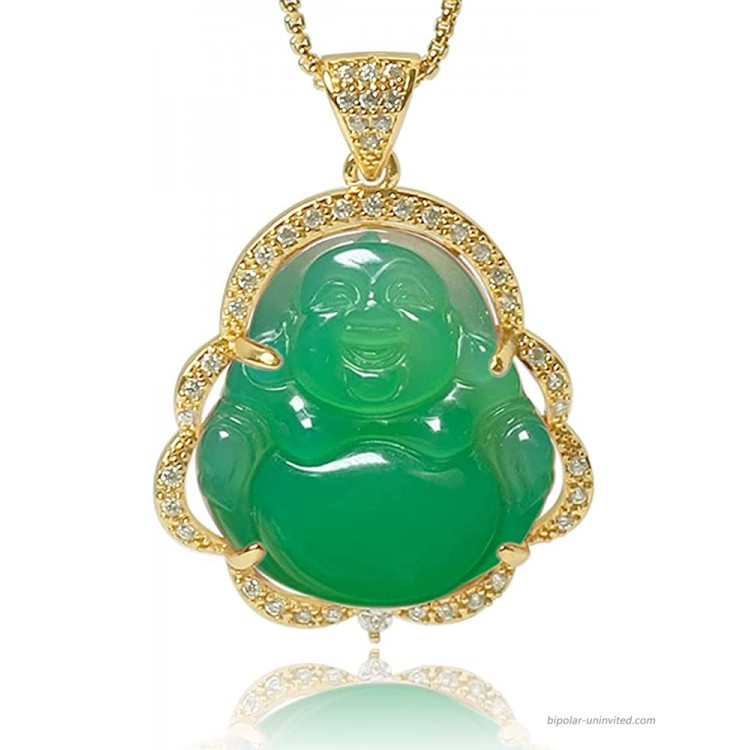 Good Luck Laughing Buddha Pendant Luxury Green Jade Smile Buddha Statue Cubic Zirconia Necklace with 18K Gold Plated Chain Bodhisattva Amulet Jewelry Gift For Birthday Anniversary Mother's Day