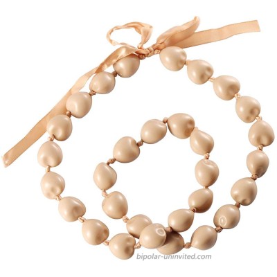 Hawaiian Kukui Nut Necklace with Chunky Heart-Shaped Beads Ribbon Tie Closure 30 beads LT Brown