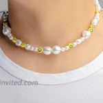 huiphong Smiley Face Beads Pearl Necklace Handmade Harry Styles Golden Y2K Irregular Imitation Pearl Strands Necklace with Charm Smiley FACE
