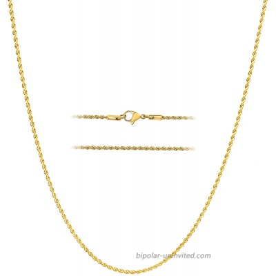 KISPER 18k Gold Over Stainless Steel 2mm Thin Hip Hop Rope Chain Necklace 20 inch