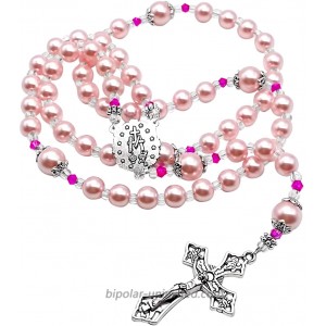 Nazareth Store Pink Pearl Beads Rosary Catholic Necklace with Miraculous Medal Cross Crucifix Silver Tone Rosaries in Velvet Bag