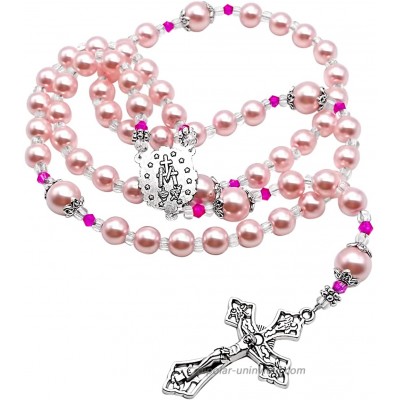 Nazareth Store Pink Pearl Beads Rosary Catholic Necklace with Miraculous Medal Cross Crucifix Silver Tone Rosaries in Velvet Bag