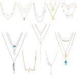 TAMHOO Boho 10pcs Layered Necklace Pendant Moon Star Turquoise Feather Olive Leaf Heartbeat Coin Chain Girls Women Mother Jewelry Set