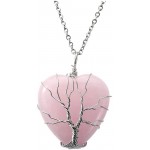 Top Plaza Natural Rose Quartz Healing Crystal Necklace Silver Tree Of Life Wire Wrapped Heart Shape Stone Pendant for Womens Girls Ladies Mothers Day Gifts