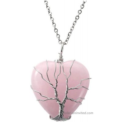 Top Plaza Natural Rose Quartz Healing Crystal Necklace Silver Tree Of Life Wire Wrapped Heart Shape Stone Pendant for Womens Girls Ladies Mothers Day Gifts