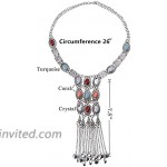 Turquoise Long Boho Bohemian Statement Ethnic Tribal Necklace for Women Vintage Retro Rhinestone Silver