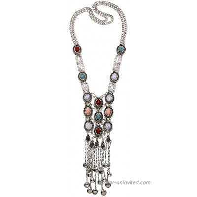 Turquoise Long Boho Bohemian Statement Ethnic Tribal Necklace for Women Vintage Retro Rhinestone Silver