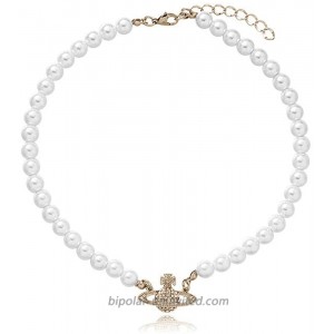 White Pearl Bead Necklaces Crystal Rhinestone Saturn Planet NecklaceGold 2