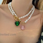 YorzAhar Pearls Necklace | Green Love Heart Pendant Chain | Pearl Necklace Choker for Women Wedding Brides Grandmother