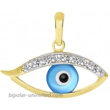 14K Yellow Gold Dainty Blue Open Evil Eye Charm Pendant with Cubic Zirconia Stones JewelryAmerica