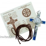 3 Colored Enamel St. Benedict Crucifix with Round St. Benedict Medal Cord and Booklet Silver-tone w blue enamel