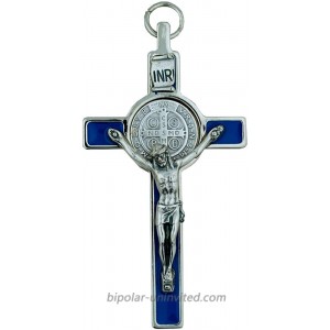 3 Colored Enamel St. Benedict Crucifix with Round St. Benedict Medal Cord and Booklet Silver-tone w blue enamel