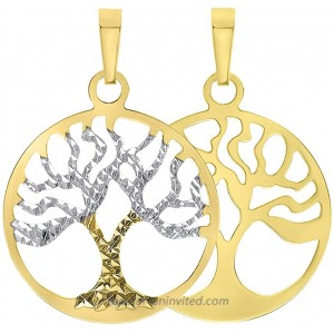 Solid 14K Yellow Gold Textured Reversible Round Tree of Life Charm Pendant JewelryAmerica