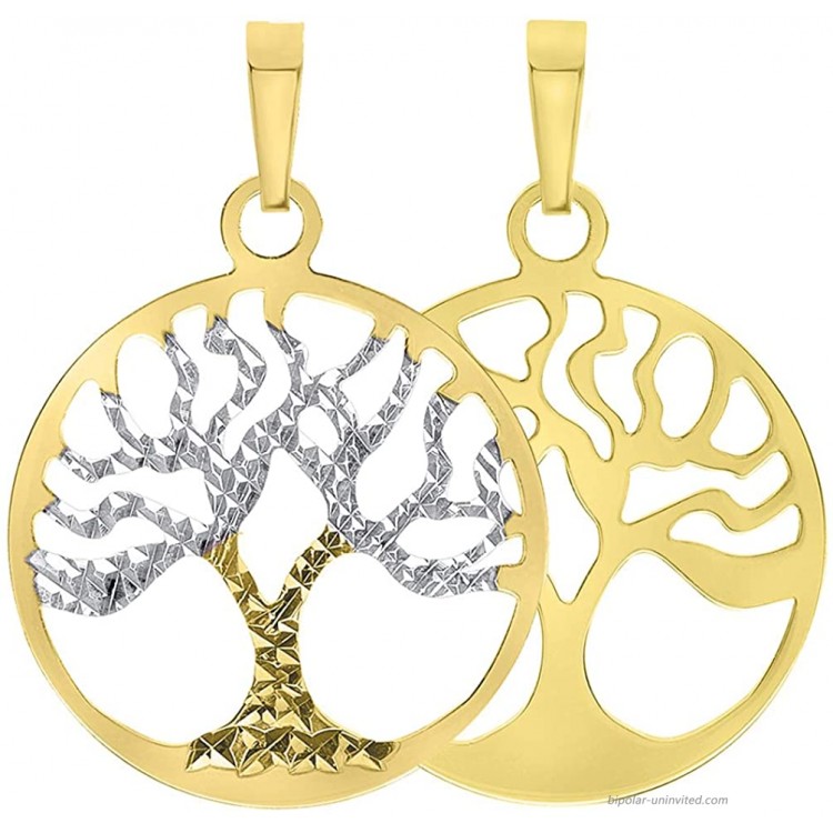 Solid 14K Yellow Gold Textured Reversible Round Tree of Life Charm Pendant JewelryAmerica