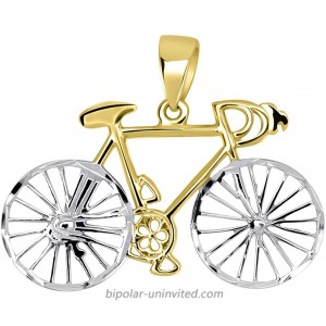 Solid 14k Yellow Gold Two-Tone Bicycle Bike with Textured Wheels Pendant JewelryAmerica