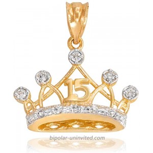 Sweet 15 Años Quinceanera Crown Charm Pendant with Cubic Zirconia in 10k Yellow Gold