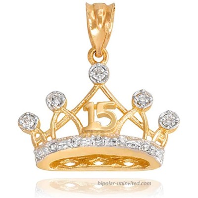 Sweet 15 Años Quinceanera Crown Charm Pendant with Cubic Zirconia in 10k Yellow Gold