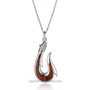 Tropical USA Sterling Silver Koa Wood Giant Fishhook Necklace Pendant with 18 Box Chain