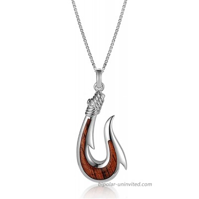 Tropical USA Sterling Silver Koa Wood Giant Fishhook Necklace Pendant with 18 Box Chain