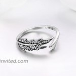 925 Sterling Silver Retro Feather Wings Adjustable Finger Ring for Women Jewelry Gift