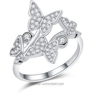 AOBOCO Butterfly Ring Sterling Silver Women Ring with Crystals from Austria & Cubic Zirconia Adjustable Open Ring Anniversary Birthday Butterfly Lovers Jewelry Gifts for Wife Girlfriend Daughter