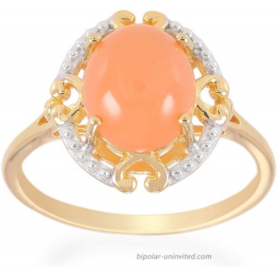 ATELIER PINKCITY 925 Sterling Silver Gemstone Ring Genuine Peach Moonstone 18K Yellow Gold Plated Ring for Women Available Sizes 6 7 8 9 10