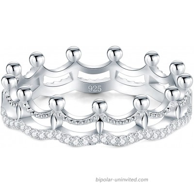 BORUO 925 Sterling Silver Ring Cubic Zirconia Princess Crown Tiara Wedding Cz Band Eternity Ring Size 4-12