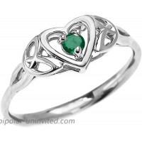 Dainty 10k White Gold Trinity Knot Heart Solitaire Emerald Engagement and Proposal Ring |