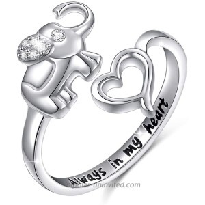 Elephant Ring Sterling Silver Engraved Always in My Heart Lucky Elephant Adjustable Wrap Open Ring for Women Girls