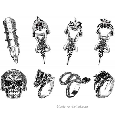 Fansilver 8Pcs Vintage Punk Rings Knuckle Joint Full Finger Double Ring Dragon Snake Dragon Claw Skull Rings Punk Rock Gothic Hinged Activity Rings Open Adjustable Ring Set Halloween Cosplay Costume Accessories Jewelry