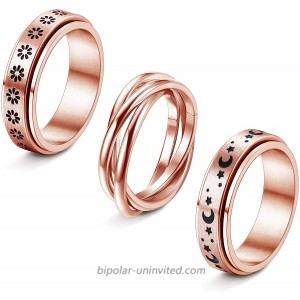 FIBO STEEL 3Pcs Stainless Steel Spinner Ring for Women Fidget Band Rings Moon Star Flower Ring Set for Stress Relieving Wedding Promise Size 5-10