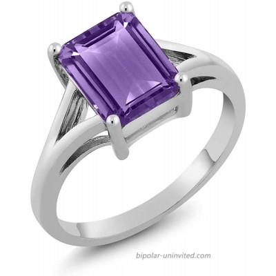 Gem Stone King 925 Sterling Silver Emerald Cut Amethyst Gemstone Birthstone Women's Solitaire Ring 2.25 Cttw Available 5 6 7 8 9