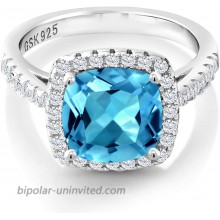 Gem Stone King 925 Sterling Silver Swiss Blue Topaz and White Created Sapphire Women's Engagement Ring 2.80 Cttw Cushion Cut 8MM Available in size 5 6 7 8 9 |