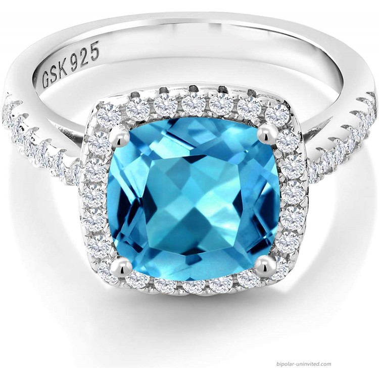 Gem Stone King 925 Sterling Silver Swiss Blue Topaz and White Created Sapphire Women's Engagement Ring 2.80 Cttw Cushion Cut 8MM Available in size 5 6 7 8 9 |