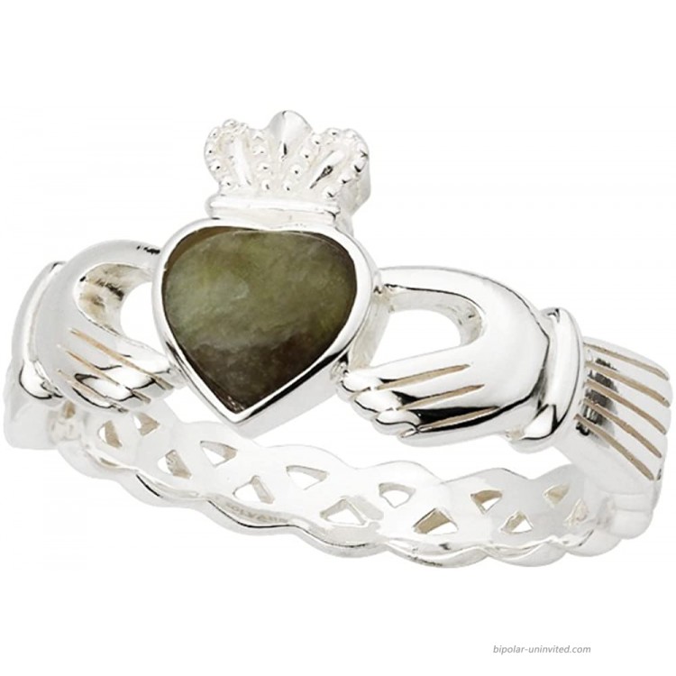 Irish Claddagh Ring Made in Ireland Sterling Silver with Connemara Marble and Weave Detail Made By the Artisans At Solvar in Co. Dublin Size 8