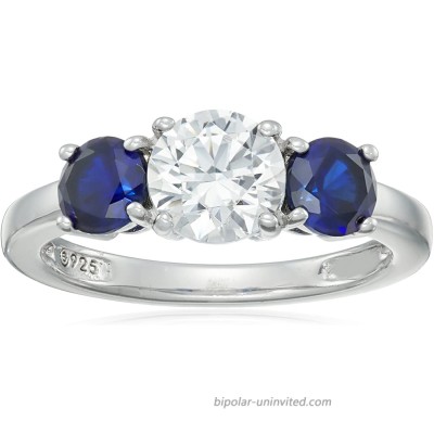 J'ADMIRE Platinum-Plated Sterling Silver Swarovski Zirconia Round-Cut Center Stone and Created Sapphire Ring