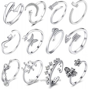 Jewdreamer 12Pcs Silver Plated Arrow Knot Open Rings for Women Retro Vintage Wave Star Multiple Stackable Thumb Rings Set Size Adjustable