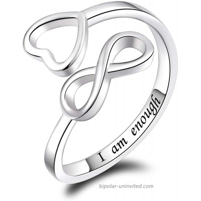 Jinlou I Am Enough Ring 925 Sterling Silver Infinity Ring Inspirational Personalized Adjustable Rings Birthday Graduation Gift for Women Girls