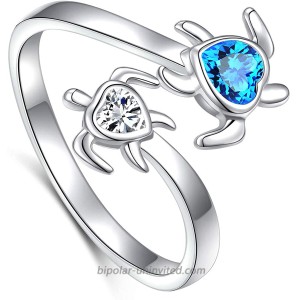 Ladytree S925 Sterling Silver Turtle Animal Open Ring Sea Turtle Heart CZ Adjustable Bypass Nature Ocean Ring|