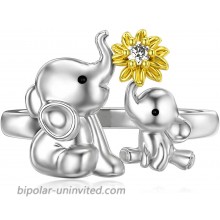 LONAGO Elephant Ring Sterling Silver Mother and Child Animal Elephant with Sunflower Stacking Ring Gift for Women Girl