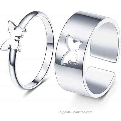 Long tiantian Butterfly Ring for Women 2Pcs Silver Plated Matching Rings for Couples Trendy Ring Set for Teen Girls